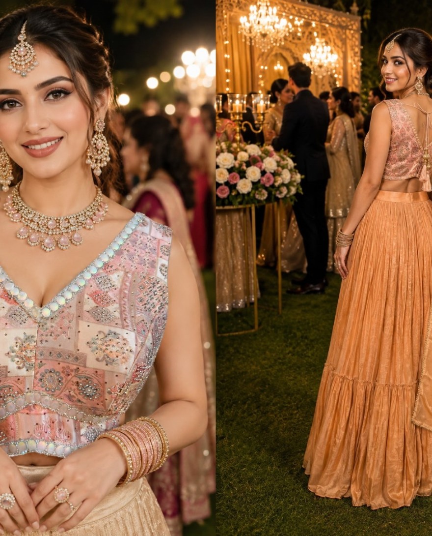 PEACH - Peach Tissue Diamond, Plain and Print Work Lehenga Choli
