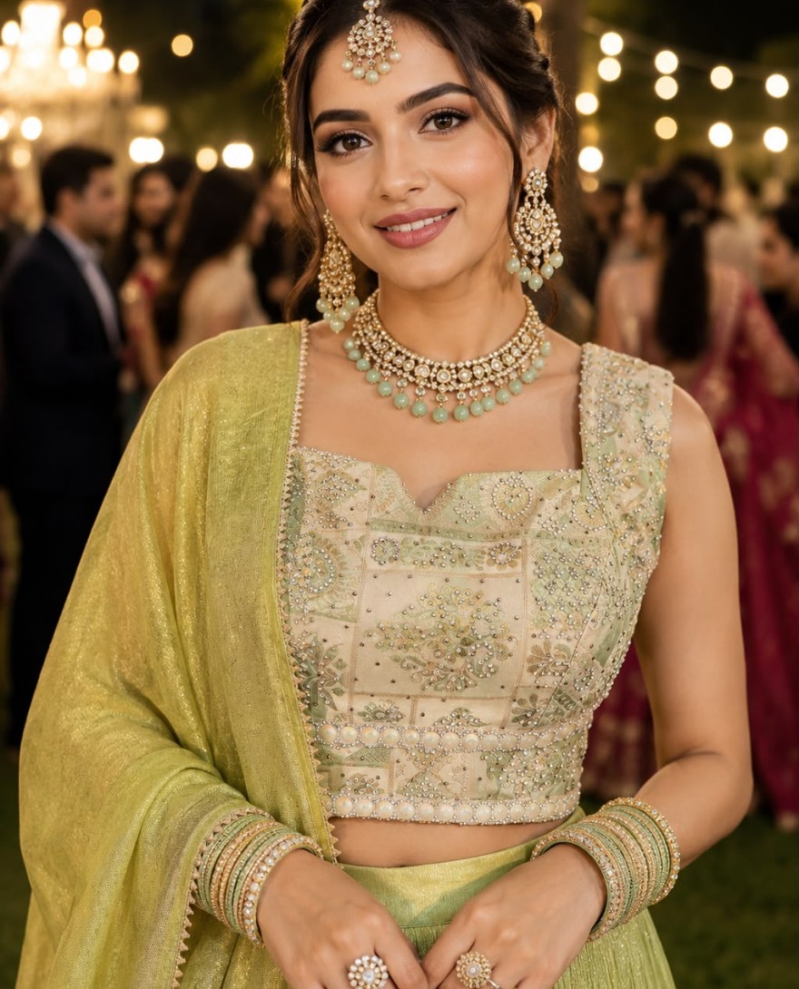 GREEN - Green Tissue Readymade Lehenga Choli with Diamond, Plain and Print Work