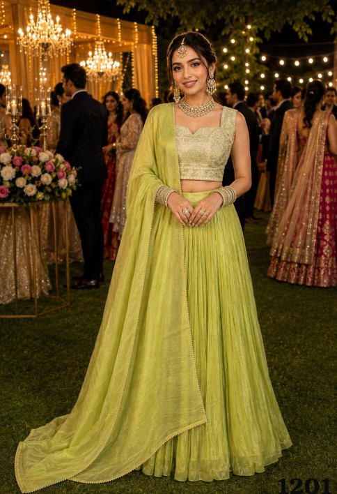 Green Tissue Readymade Lehenga Choli with Diamond, Plain and Print Work