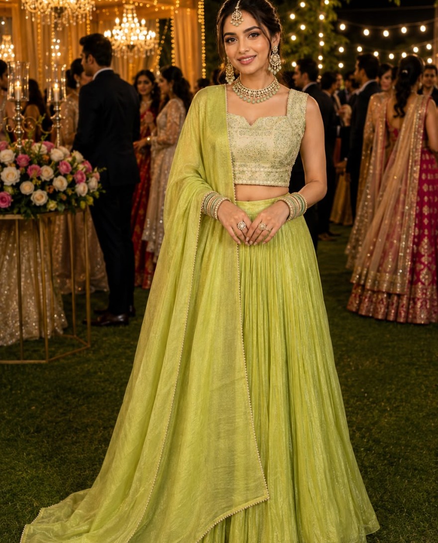 GREEN - Green Tissue Readymade Lehenga Choli with Diamond, Plain and Print Work