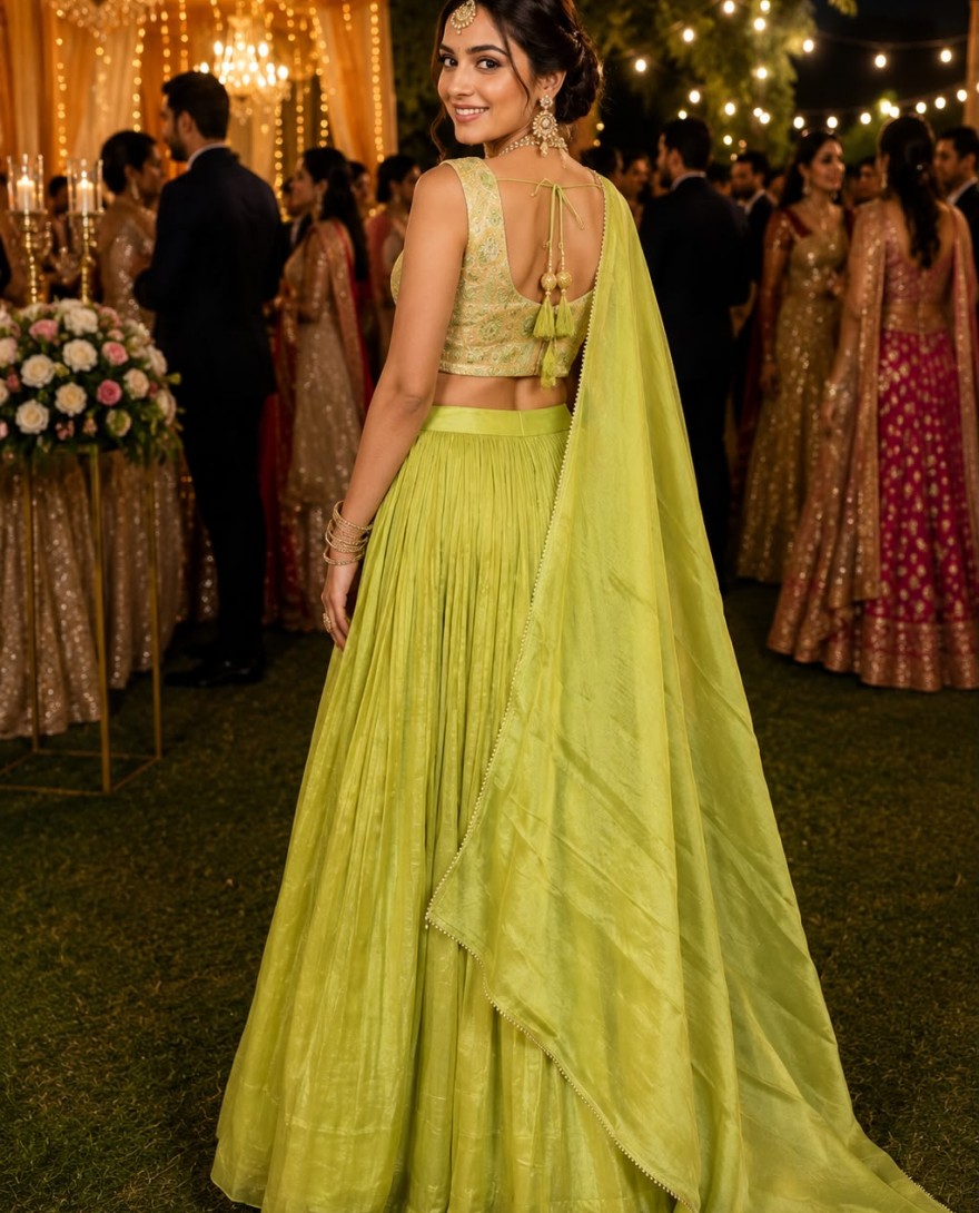 GREEN - Green Tissue Readymade Lehenga Choli with Diamond, Plain and Print Work