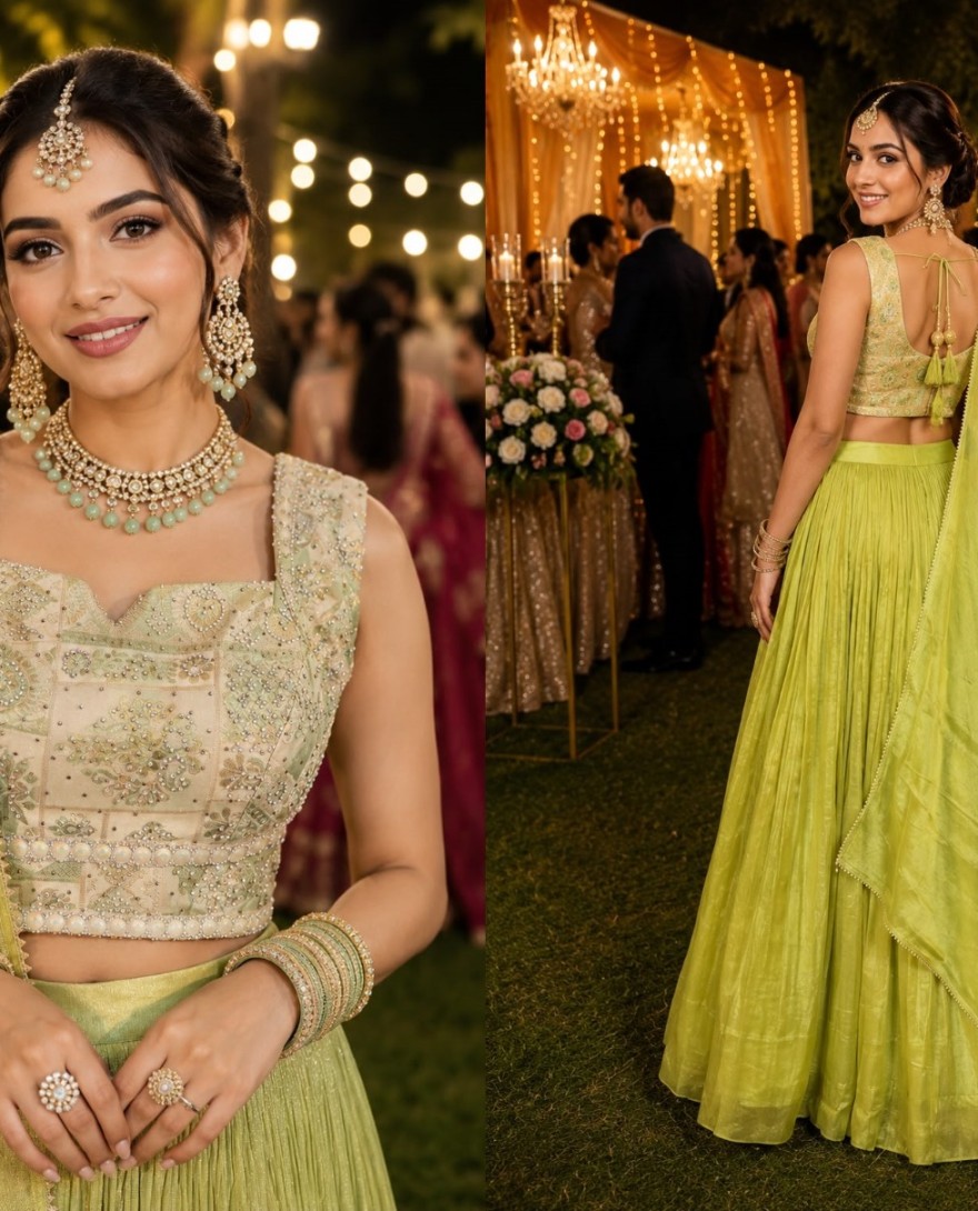 GREEN - Green Tissue Readymade Lehenga Choli with Diamond, Plain and Print Work