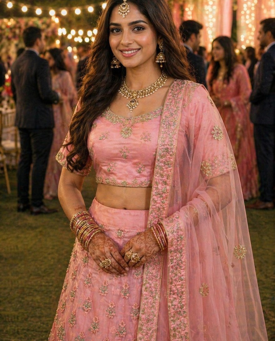 PINK - Pink Net Readymade Lehenga Choli with Embroidered and Sequins Work