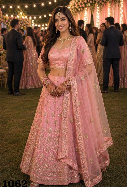 Pink Net Readymade Lehenga Choli with Embroidered and Sequins Work