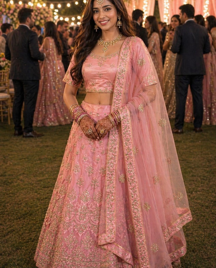 PINK - Pink Net Readymade Lehenga Choli with Embroidered and Sequins Work
