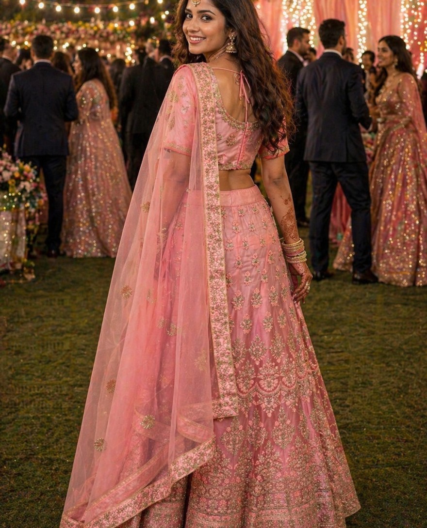 PINK - Pink Net Readymade Lehenga Choli with Embroidered and Sequins Work