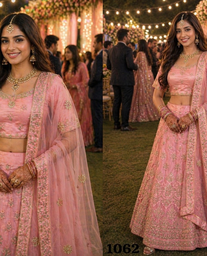 PINK - Pink Net Readymade Lehenga Choli with Embroidered and Sequins Work