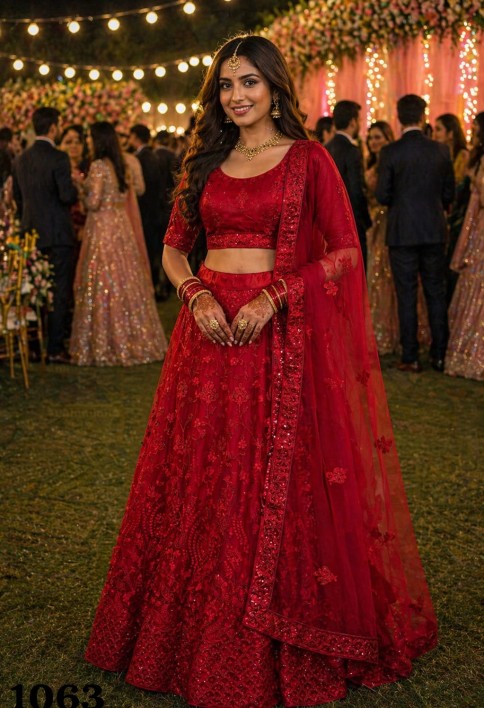 Red Embroidered and Sequins Work Net Lehenga Choli