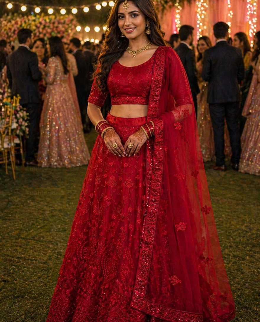 RED - Red Embroidered and Sequins Work Net Lehenga Choli