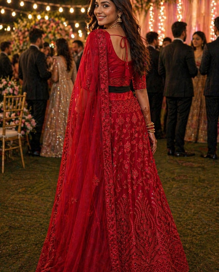 RED - Red Embroidered and Sequins Work Net Lehenga Choli