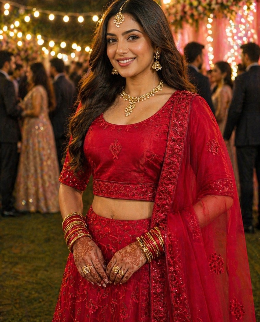 RED - Red Embroidered and Sequins Work Net Lehenga Choli