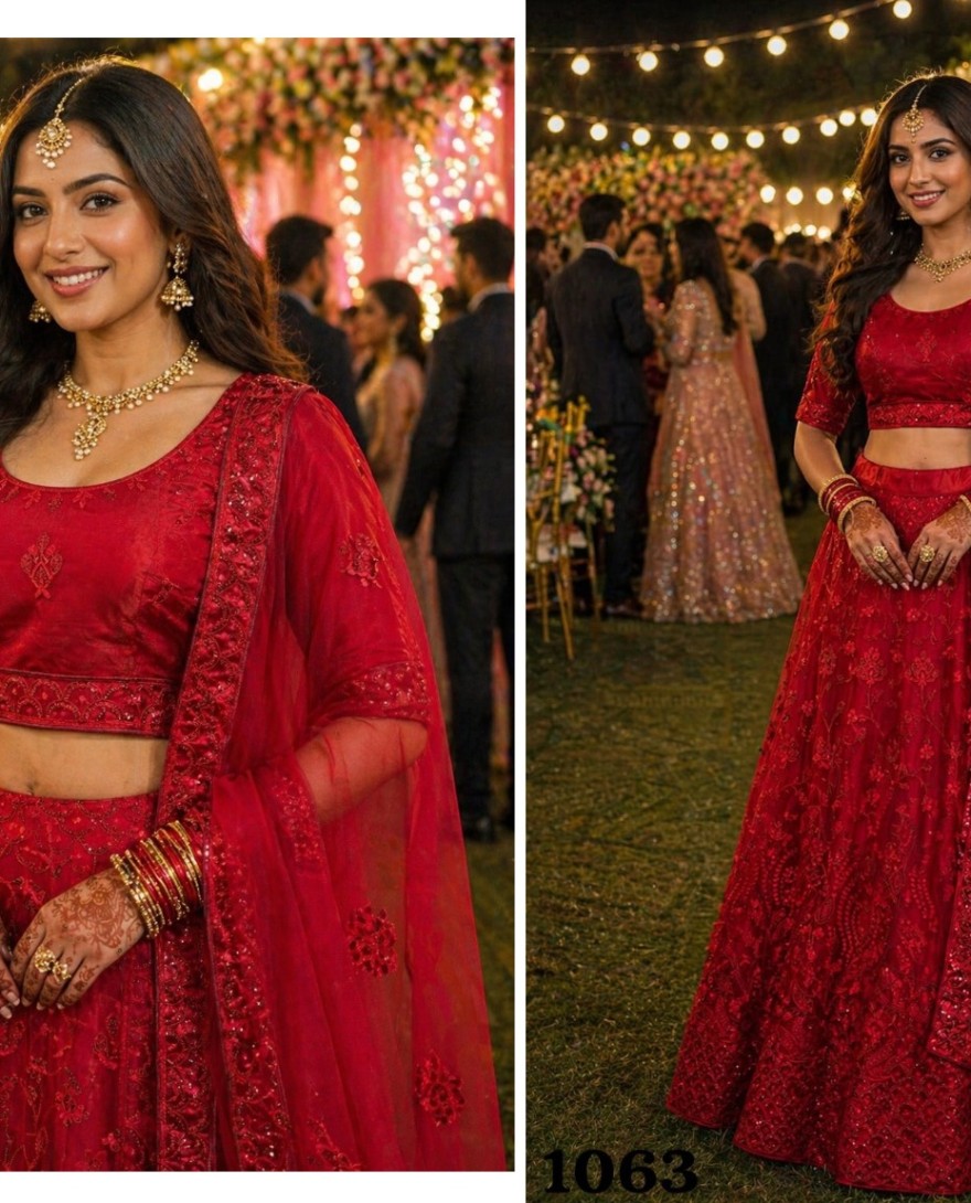 RED - Red Embroidered and Sequins Work Net Lehenga Choli
