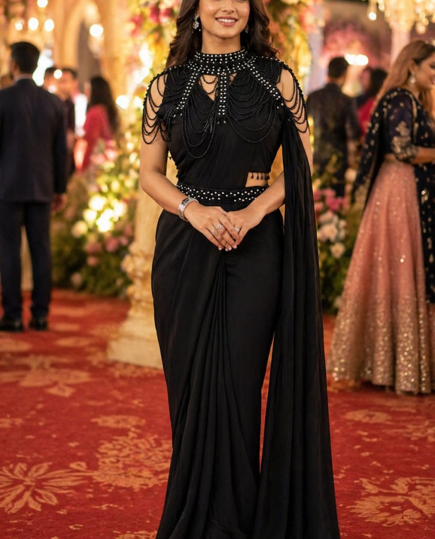BLACK - Black Lycra Classic Saree with Embroidered Work