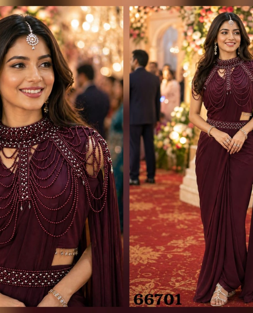 MAROON - Wine Lycra Contemporary Sari