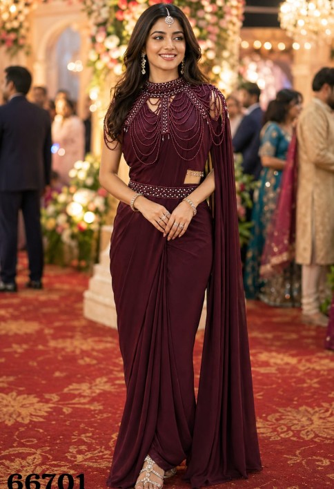 Wine Lycra Contemporary Sari