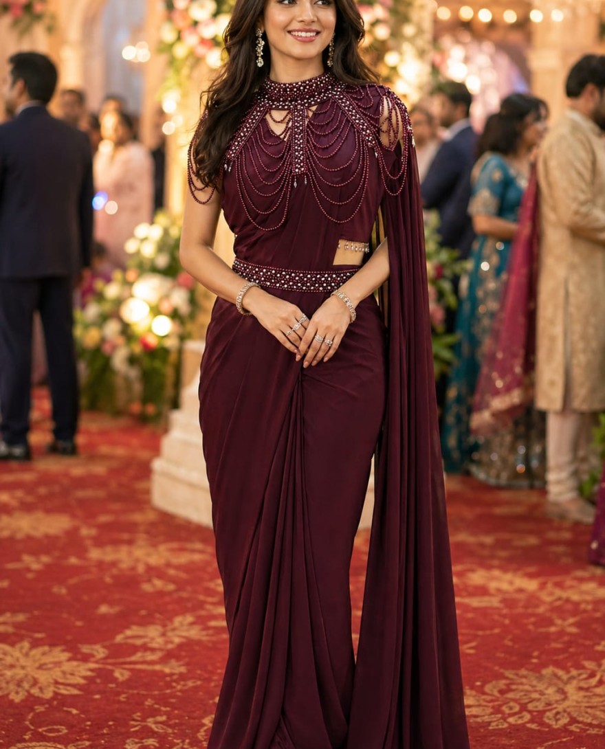 MAROON - Wine Lycra Contemporary Sari