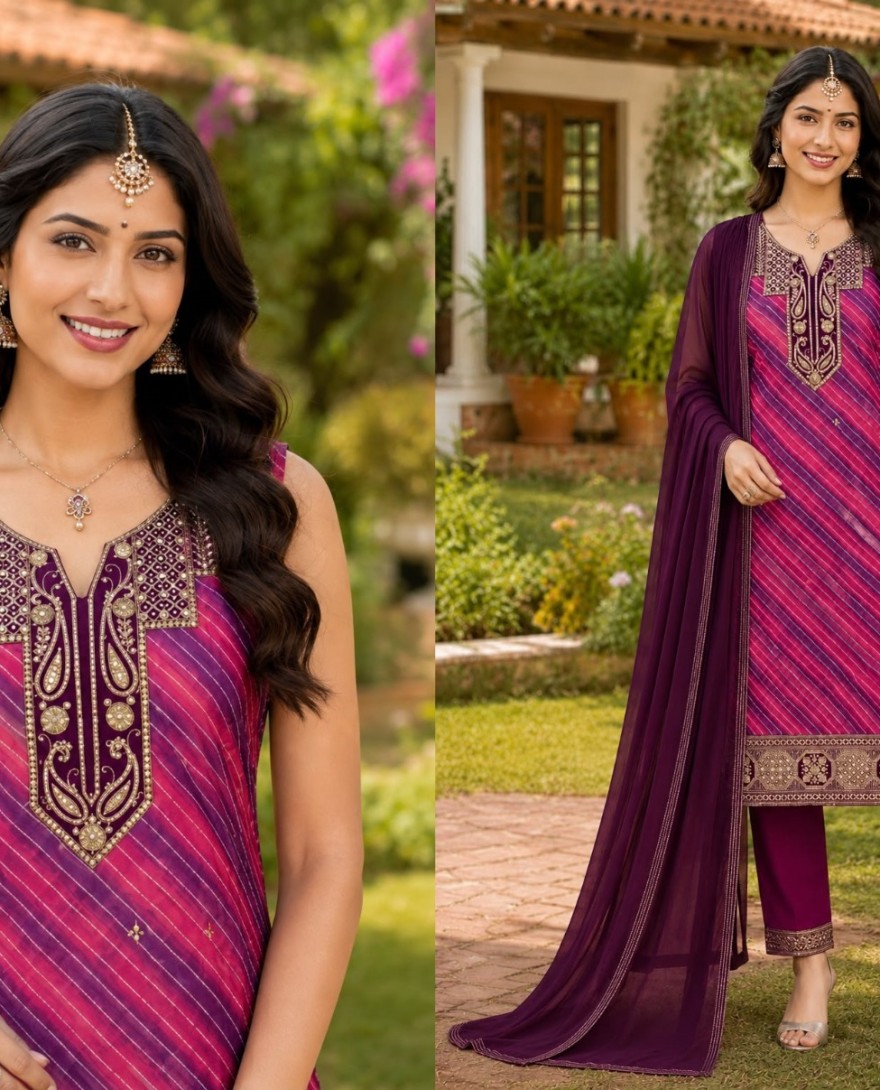 PINK - Purple Georgette Embroidered and Sequins Work Pant Style Suit for Ceremonial