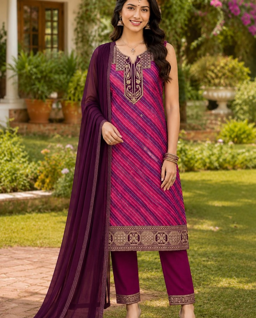 PINK - Purple Georgette Embroidered and Sequins Work Pant Style Suit for Ceremonial