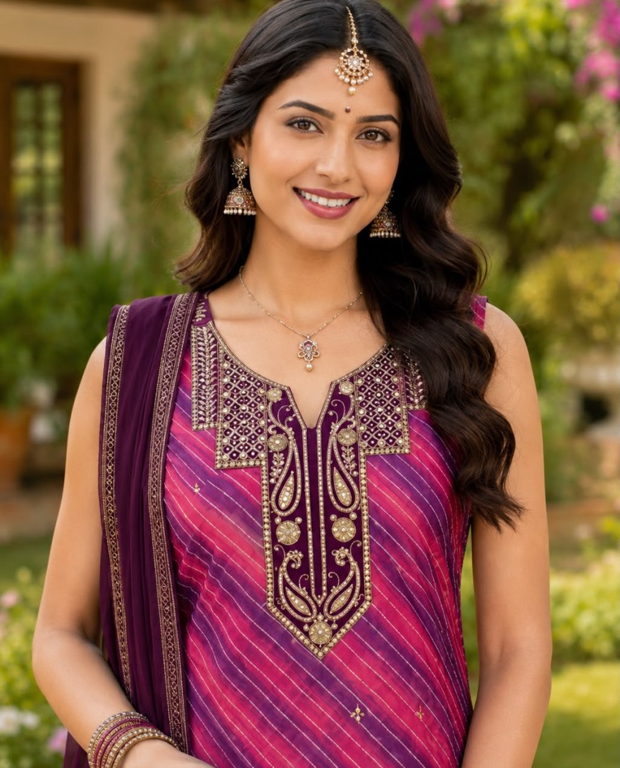 PINK - Purple Georgette Embroidered and Sequins Work Pant Style Suit for Ceremonial