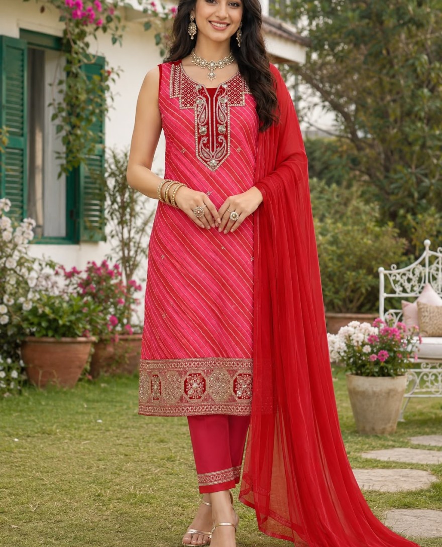 PINK - Pink Georgette Pant Style Suit with Embroidered and Sequins Work