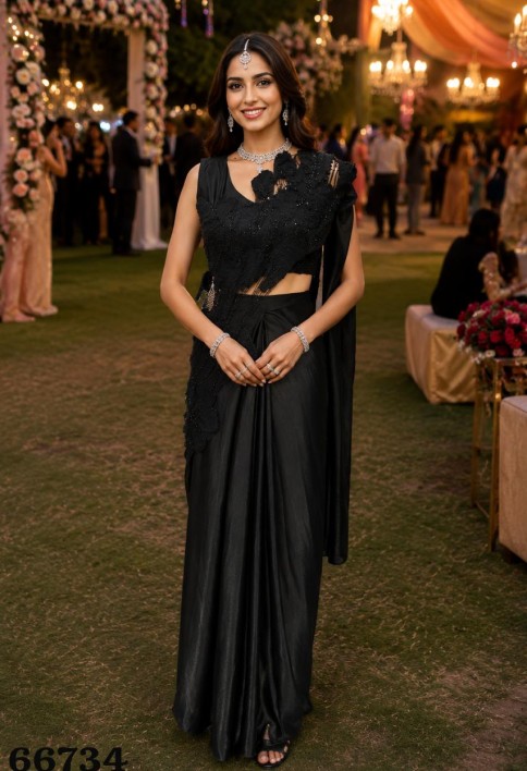 Luxury Black Ready-to-Wear Saree Floral Sequin Embellished Designer Blouse