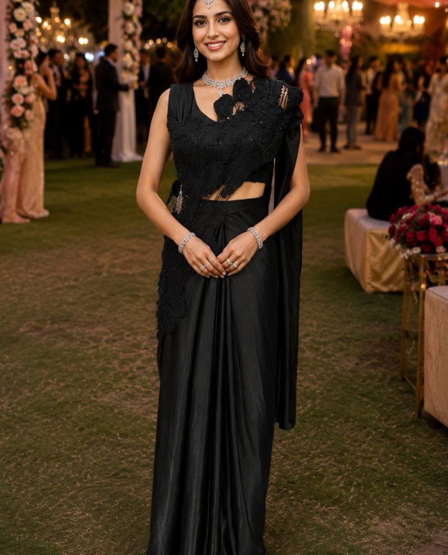BLACK - Luxury Black Ready-to-Wear Saree Floral Sequin Embellished Designer Blouse