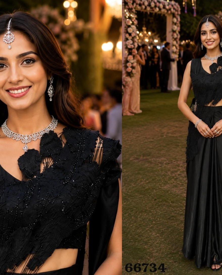 	 BLACK - Luxury Black Ready-to-Wear Saree Floral Sequin Embellished Designer Blouse