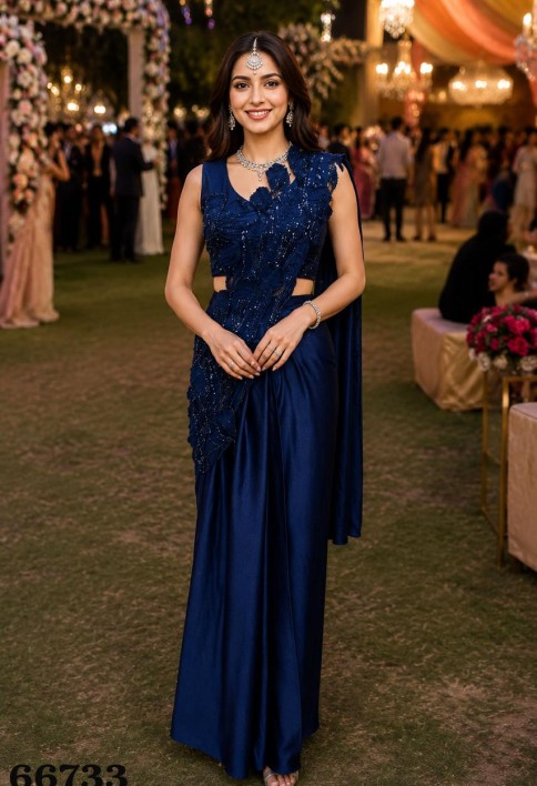 Luxury Navy Blue Ready-to-Wear Saree Floral Sequin Embellished Designer Blouse