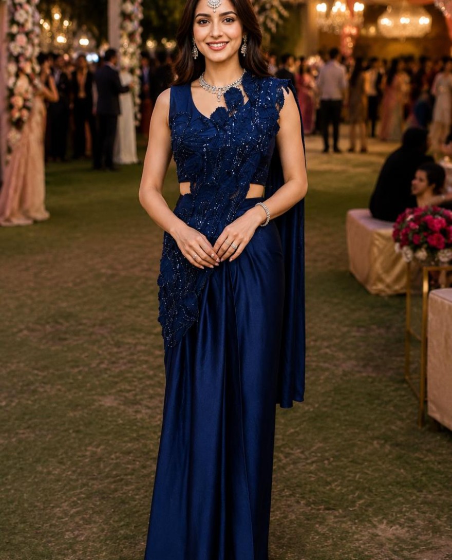 BLUE - Luxury Navy Blue Ready-to-Wear Saree Floral Sequin Embellished Designer Blouse