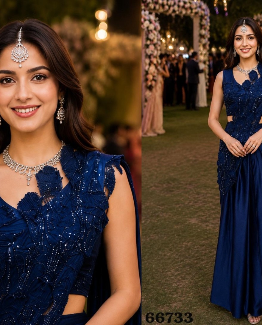 BLUE - Luxury Navy Blue Ready-to-Wear Saree Floral Sequin Embellished Designer Blouse