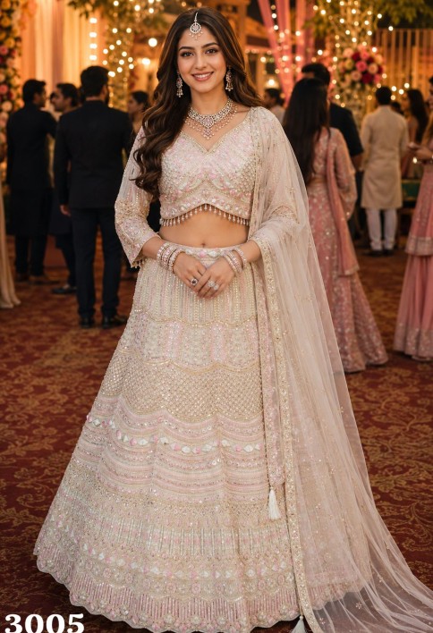 Off White Net Readymade Lehenga Choli with Beads, Embroidered and Zari Work