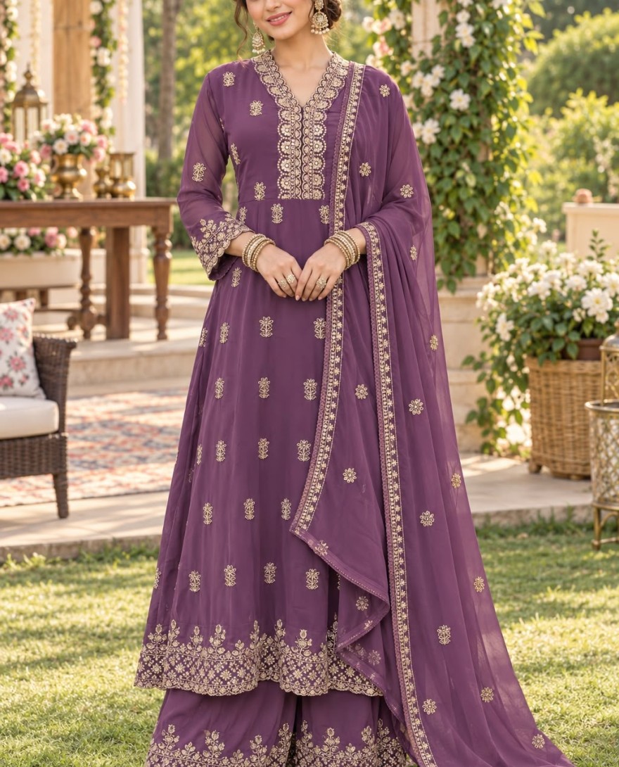 PURPLE - Georgette Palazzo Salwar Suit In Purple Colour
