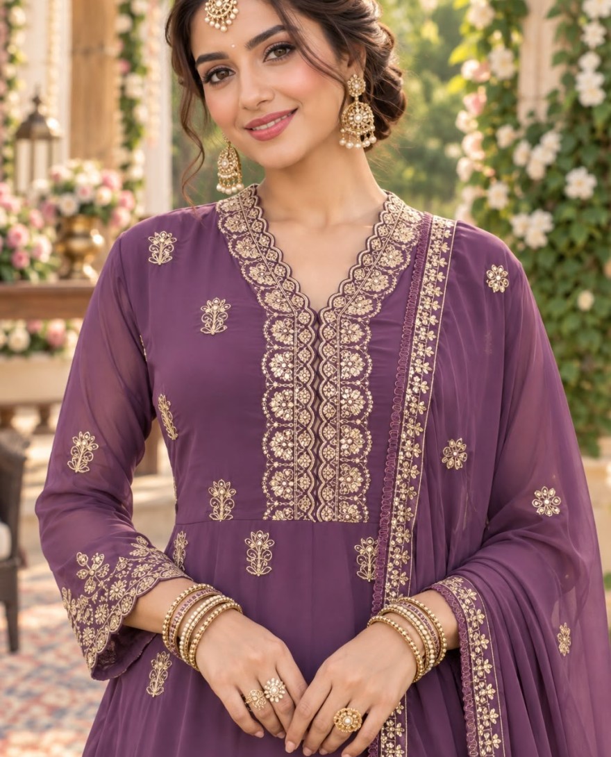 PURPLE - Georgette Palazzo Salwar Suit In Purple Colour
