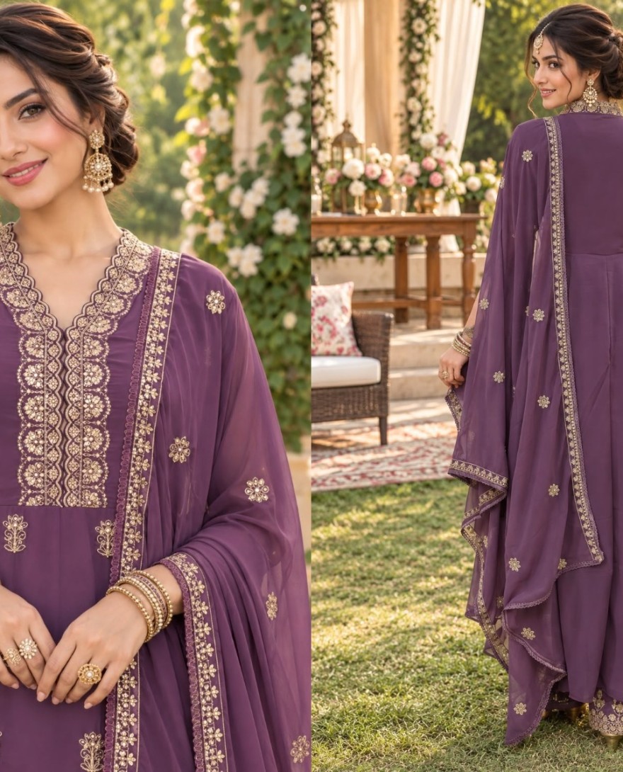 PURPLE - Georgette Palazzo Salwar Suit In Purple Colour