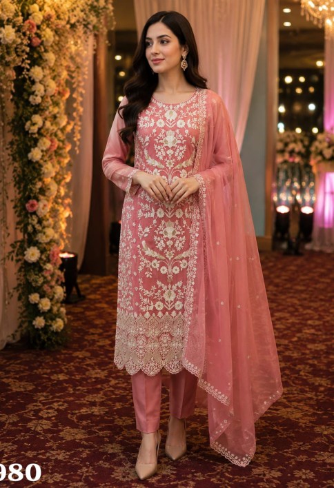 Organza Pant Style Suit In Peach