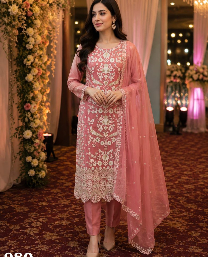 PINK - Organza Pant Style Suit In Peach