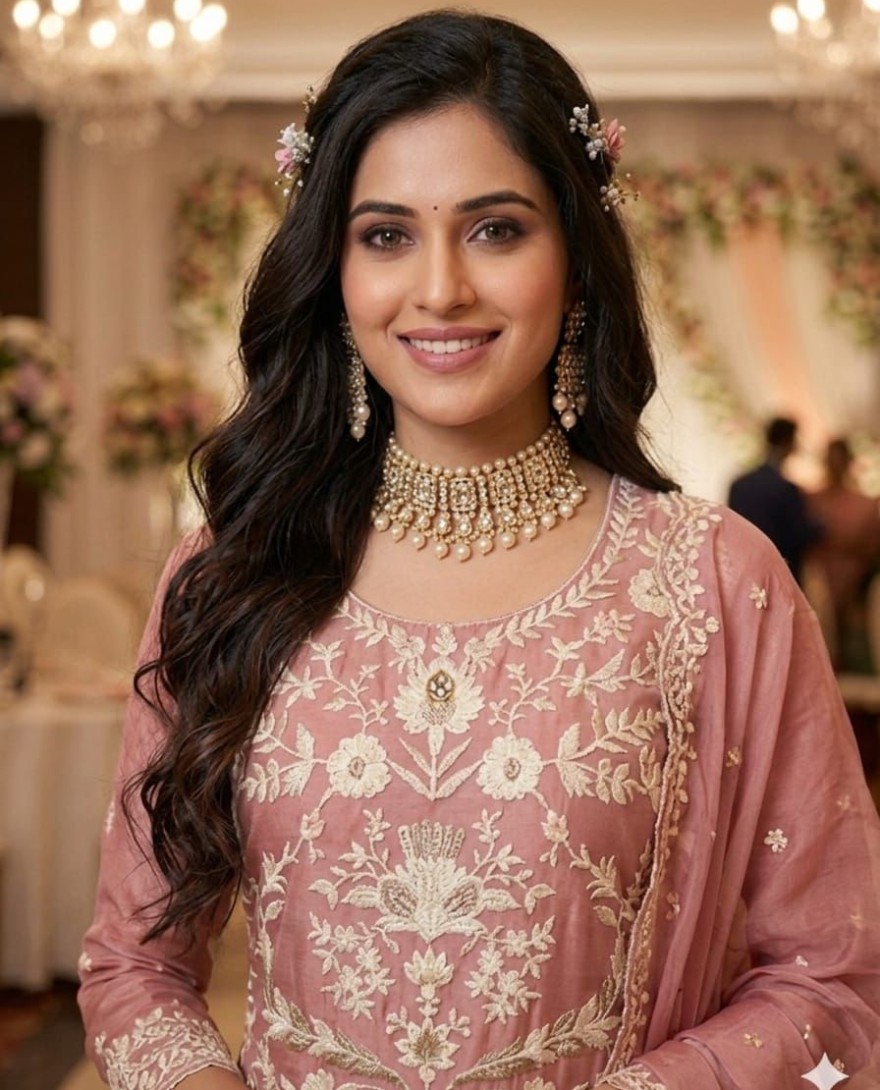 PINK - Organza Pant Style Suit In Peach