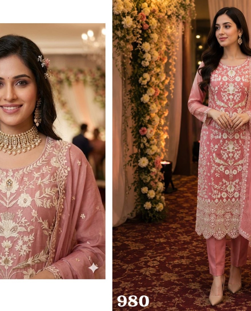 PINK - Organza Pant Style Suit In Peach