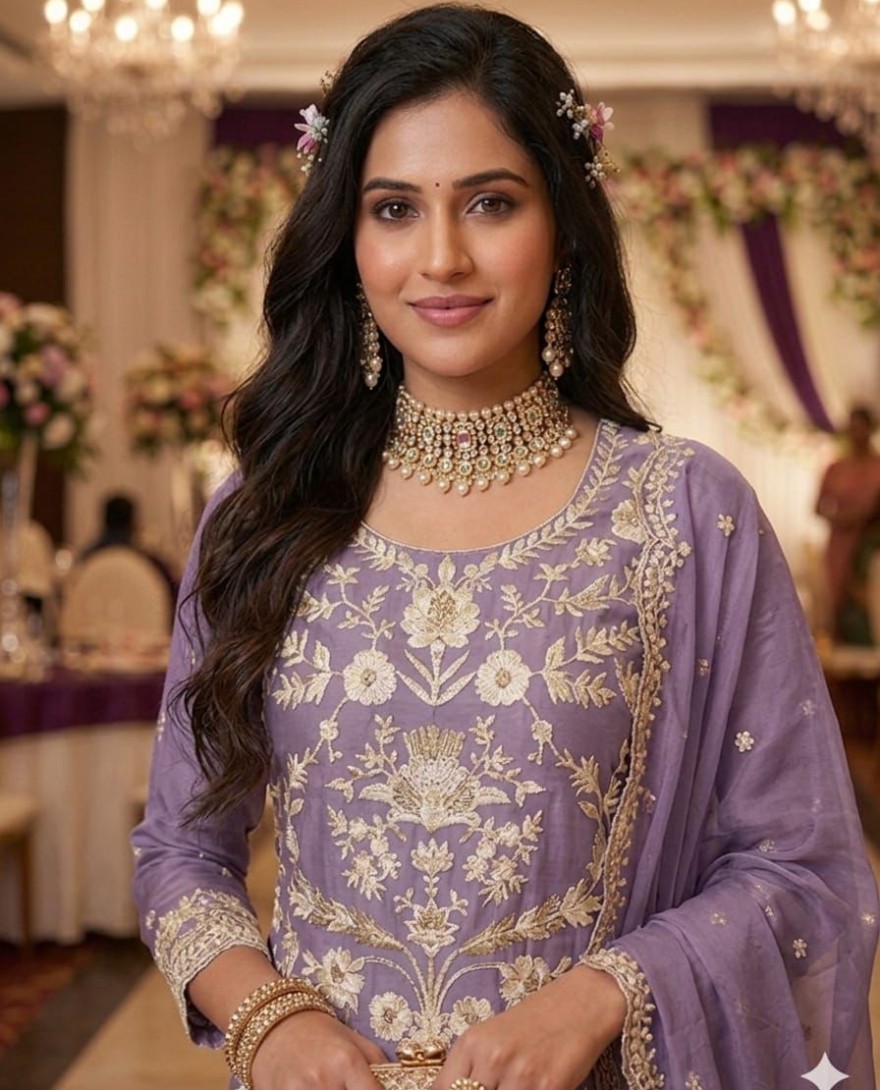 PURPLE - Organza Readymade Salwar Suit In Lavender