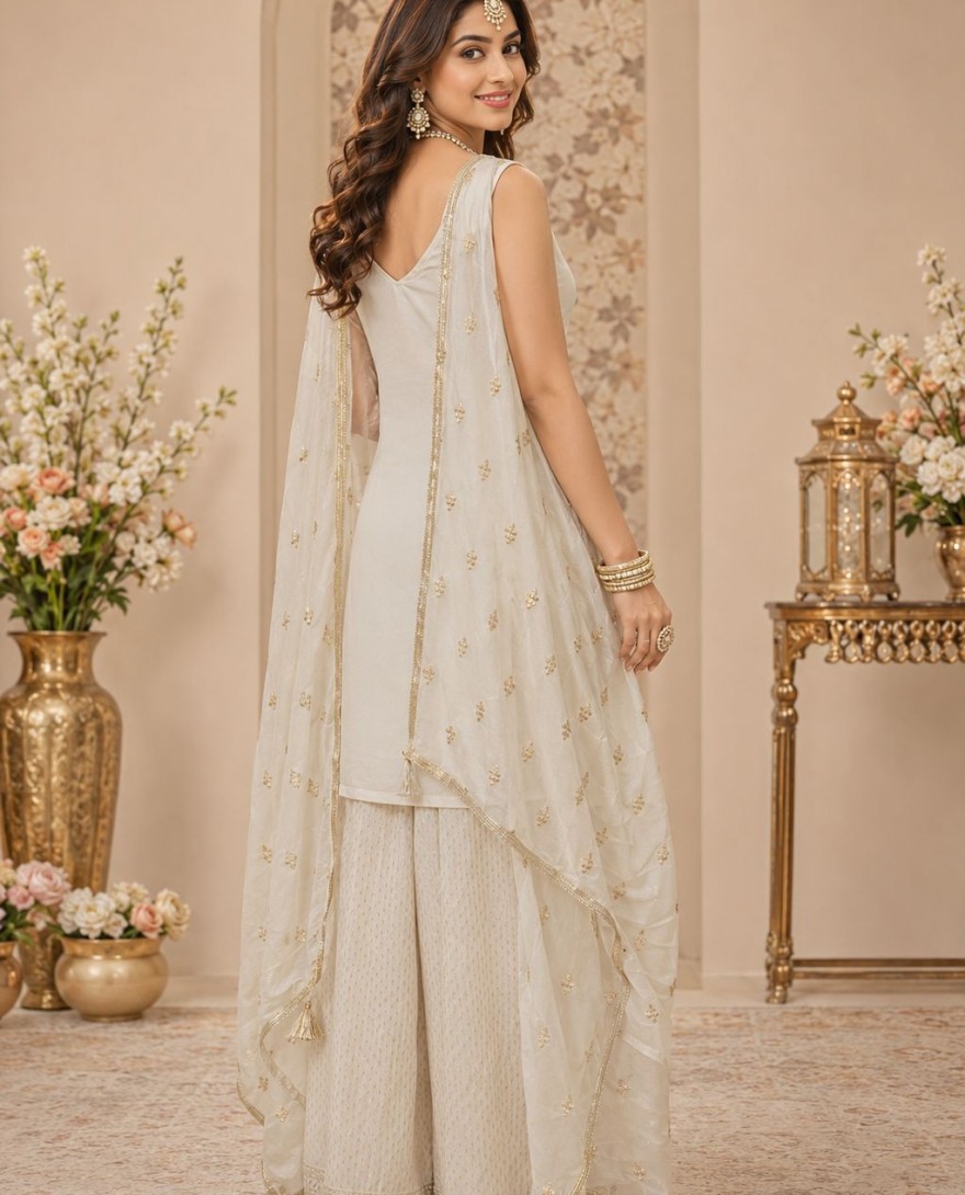 WHITE - Off White Engagement Georgette Readymade Salwar Kameez