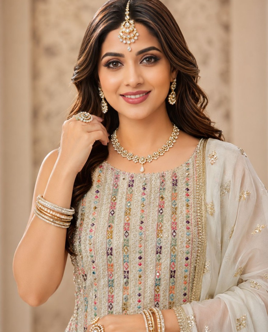 WHITE - Off White Engagement Georgette Readymade Salwar Kameez