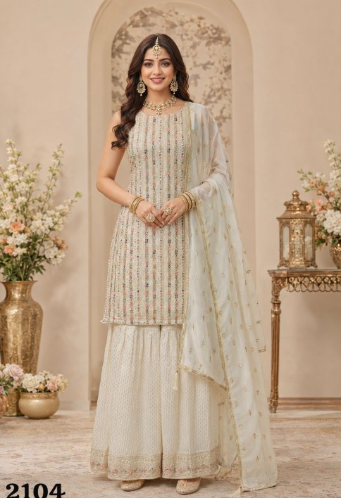 Off White Engagement Georgette Readymade Salwar Kameez