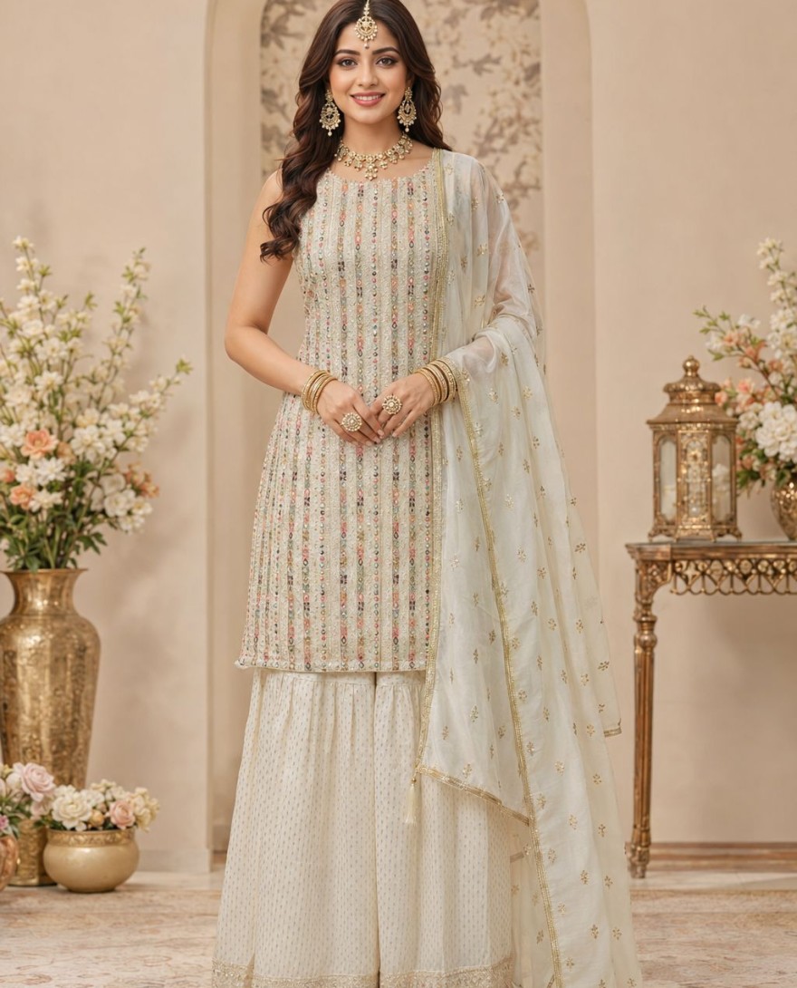 WHITE - Off White Engagement Georgette Readymade Salwar Kameez