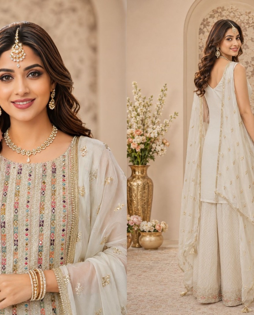 WHITE - Off White Engagement Georgette Readymade Salwar Kameez