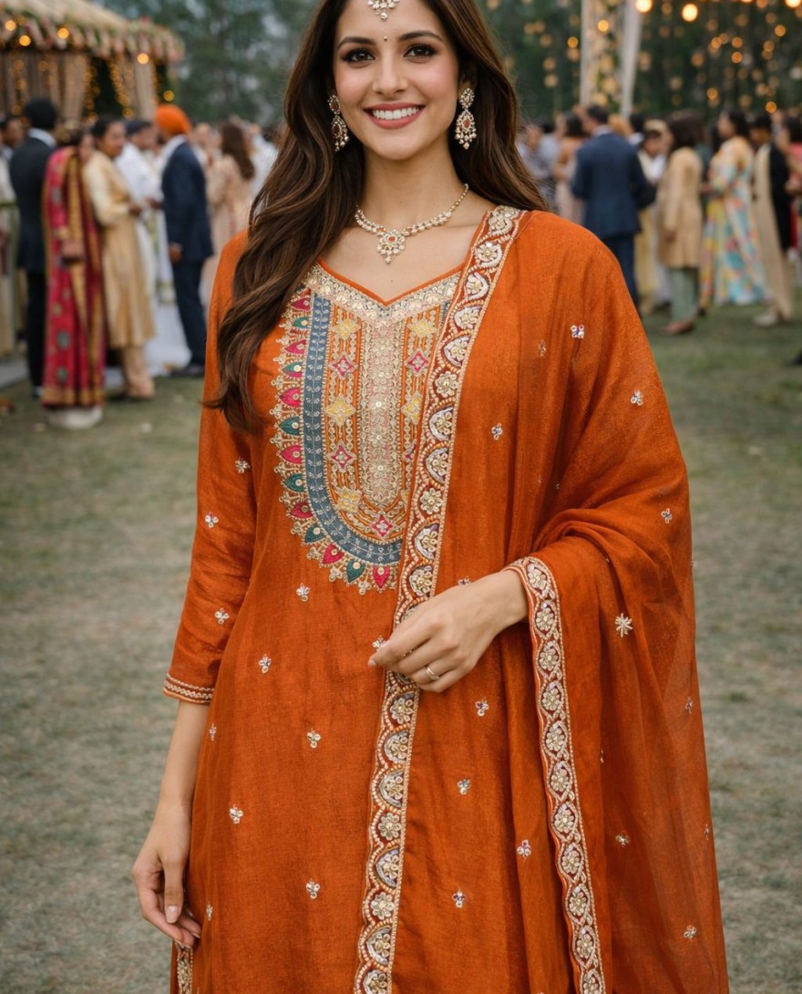 Orange - Tangerine Embroidered Chinnon Palazzo Kameez