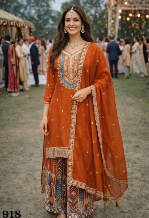 Tangerine Embroidered Chinnon Palazzo Kameez