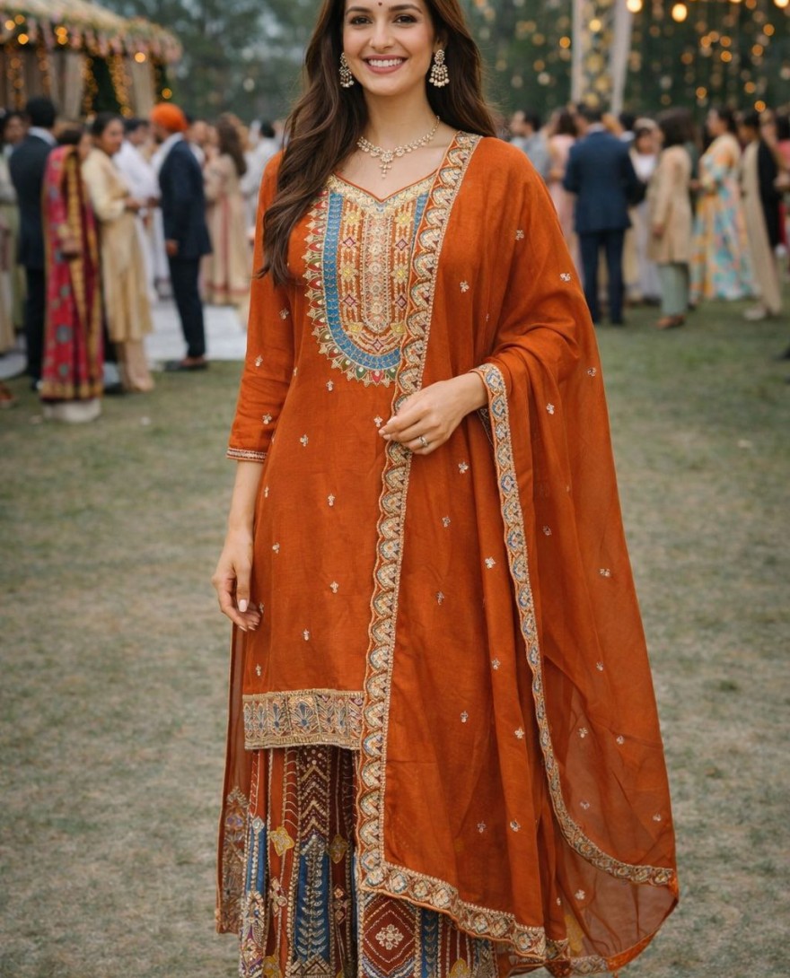 Orange - Tangerine Embroidered Chinnon Palazzo Kameez