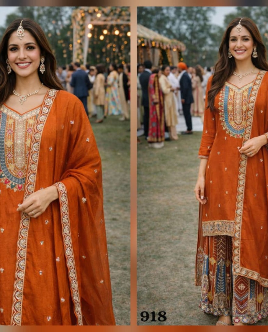 Orange - Tangerine Embroidered Chinnon Palazzo Kameez