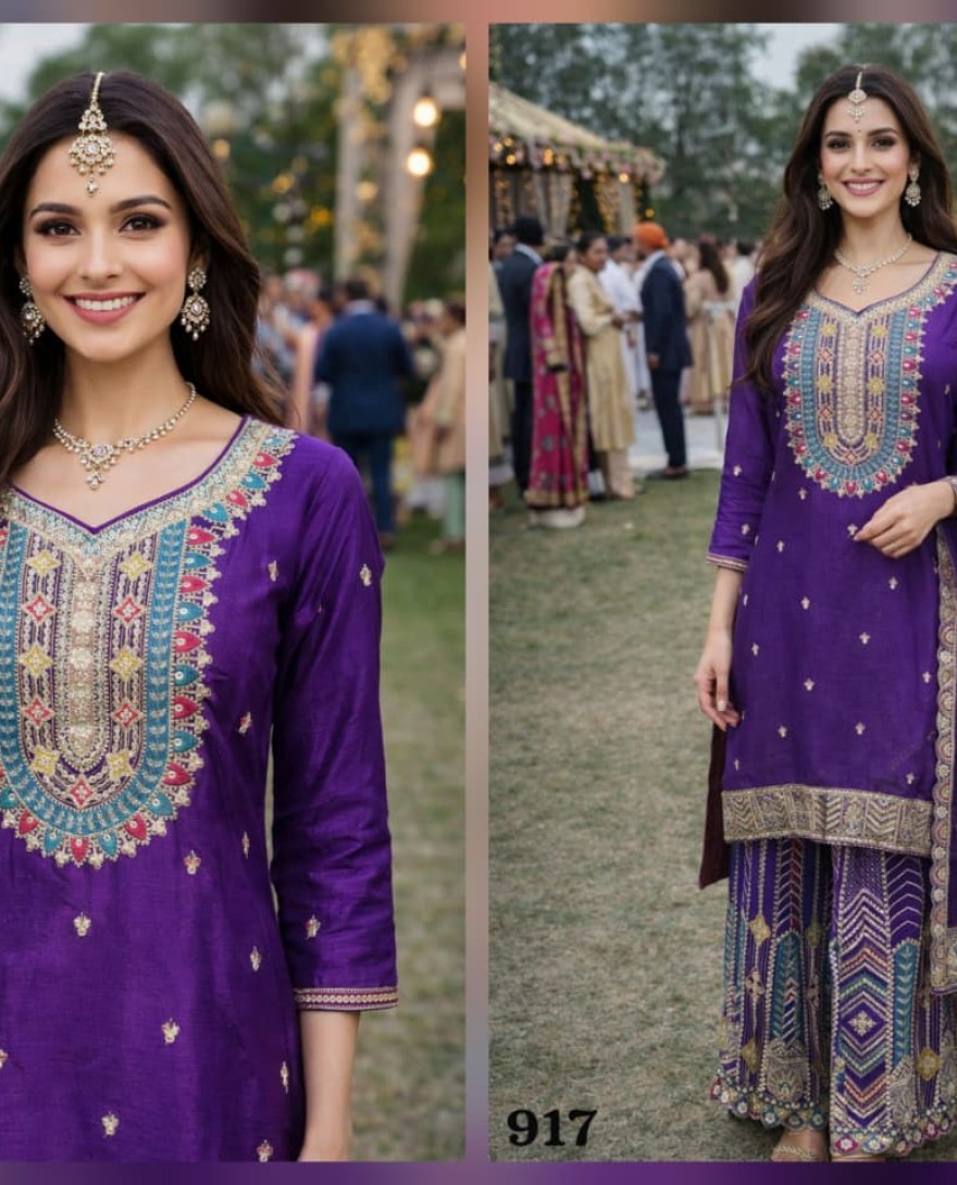 purple - Purple Embroidered Chinnon Palazzo Kameez