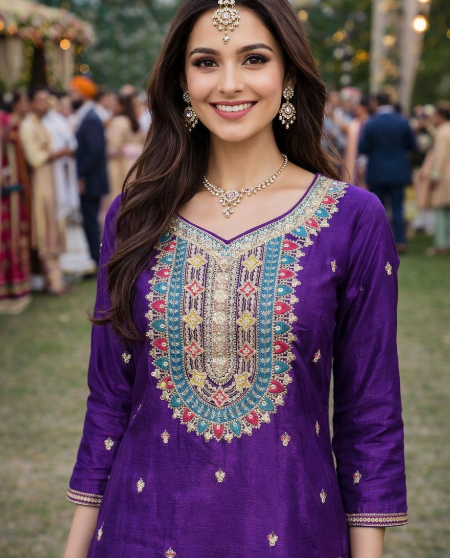 purple - Purple Embroidered Chinnon Palazzo Kameez